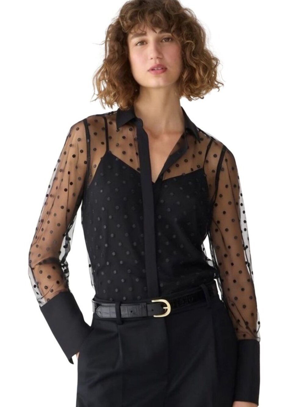 J.Crew Sheer Black Button Up Polka Dot Blouse Solid Collar Cuffs Size 14